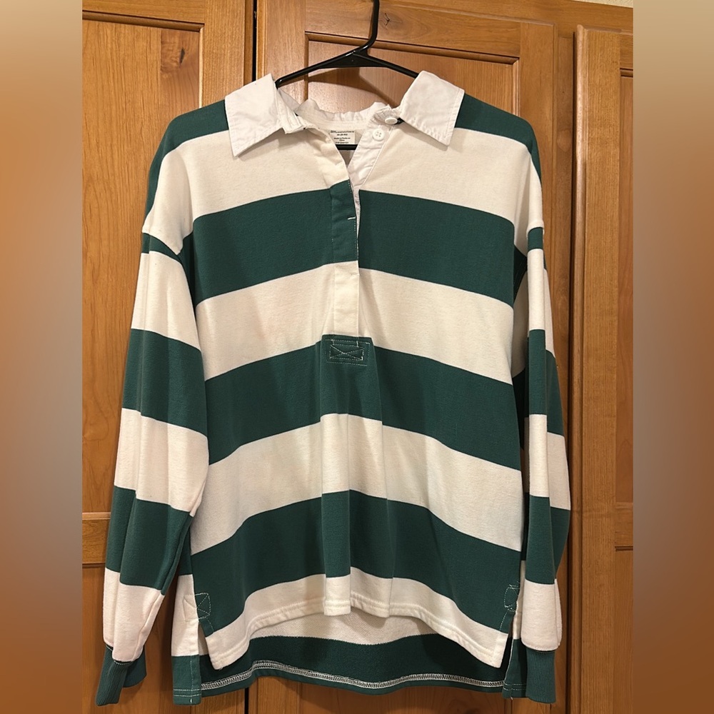 No Boundaries Green and White Striped Rugby Top